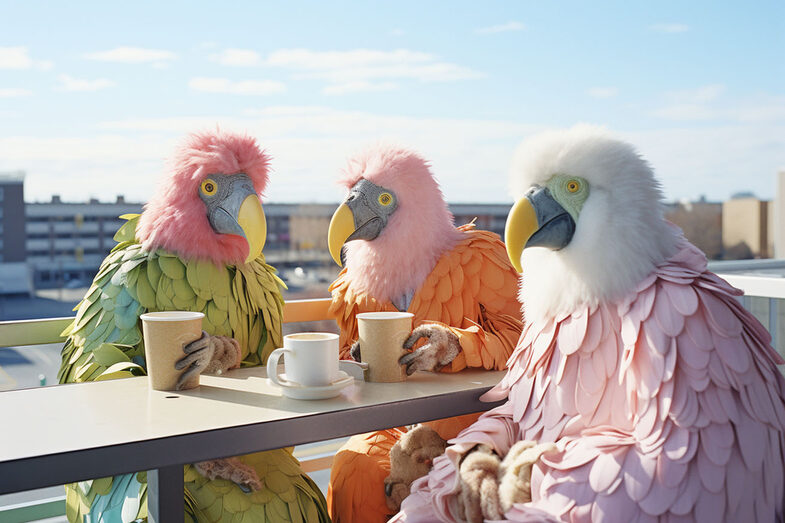 Drei Mischwesen aus Papageien und Menschen sitzen auf einer Terrasse. Auf dem Tisch vor ihnen stehen zwei Becher und eine Tasse.